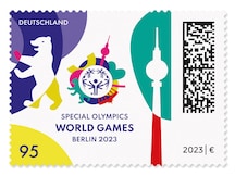 Logo der Special Olympics World Games Berlin 2023 umgeben von Berlin Motiven