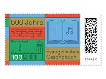 Illustration verschiedener Aspekte des Gesangbuchs auf farbigen Flächen