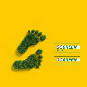 Zwei grüne Fußabdrücke symbolisieren den nachhaltigen Emissionsfußabdruck.