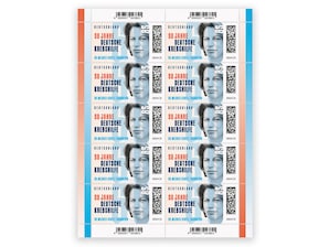 Schriftzug des Briefmarkenthemas mit Porträtfoto Gründerin Dr. Mildred Scheel