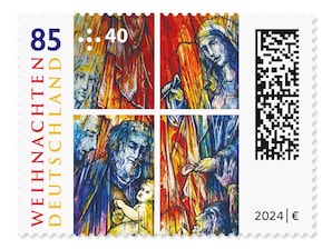 Kirchenfenster "Himmlisches Licht" der Abteikirche Tholey, Briefmarke zu 0,85 + 0,40 EUR, 10er-Bogen