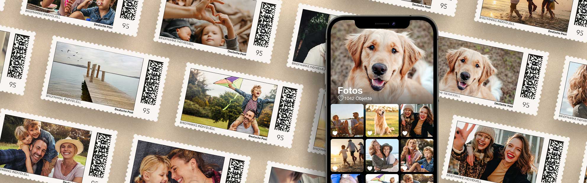 Collage aus Handyfotos und verschiedenen individuellen Briefmarkenmotiven