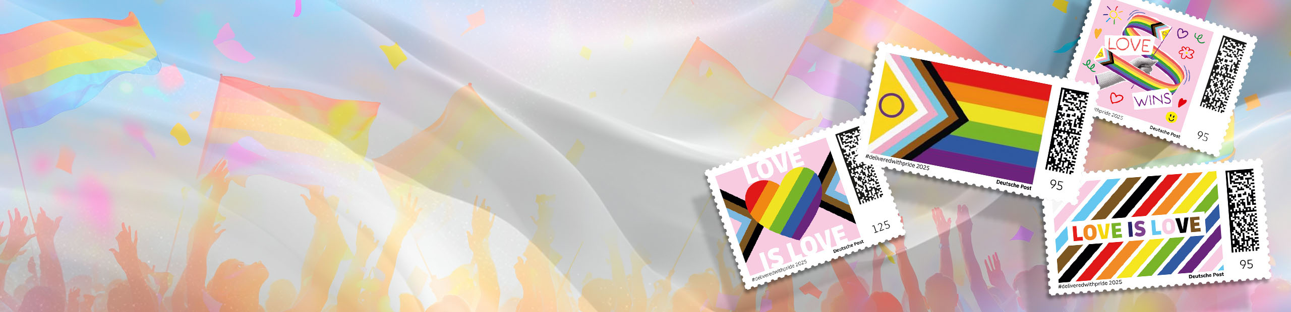 Die neuen Briefmarken unserer #deliveredwithpride Kampagne feiern Vielfalt und Liebe in vier Motiven.