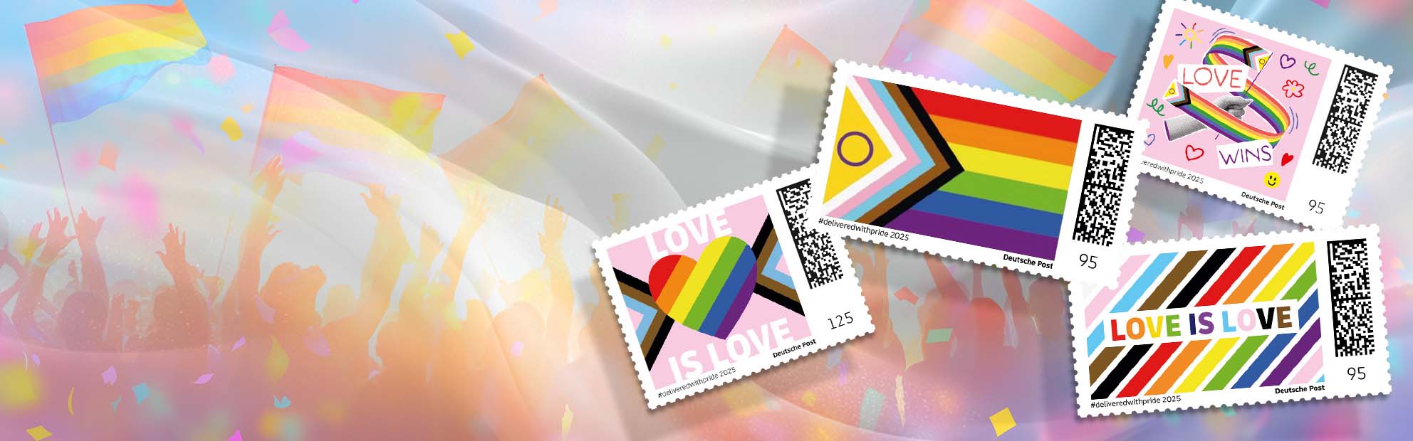 Die neuen Briefmarken unserer #deliveredwithpride Kampagne feiern Vielfalt und Liebe in vier Motiven.