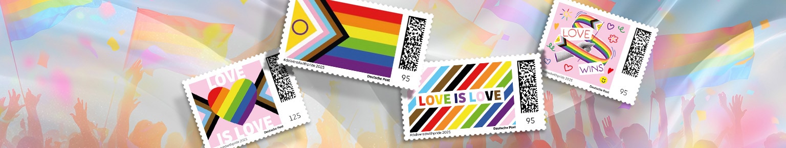 Die neuen Briefmarken unserer #deliveredwithpride Kampagne feiern Vielfalt und Liebe in vier Motiven.