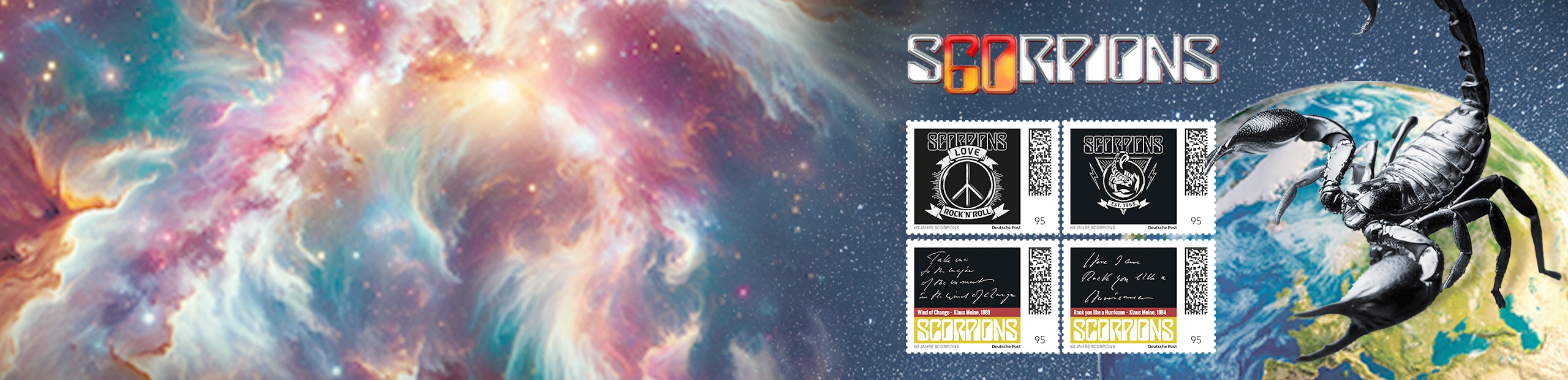 Vier Briefmarken mit Logos und Songtexten der Band Scorpions auf einer Weltkugel