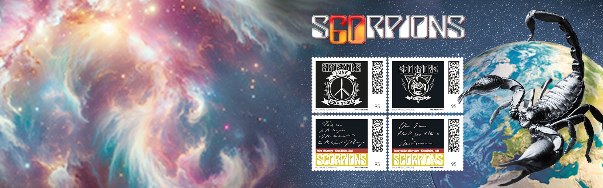 Vier Briefmarken mit Logos und Songtexten der Band Scorpions auf einer Weltkugel