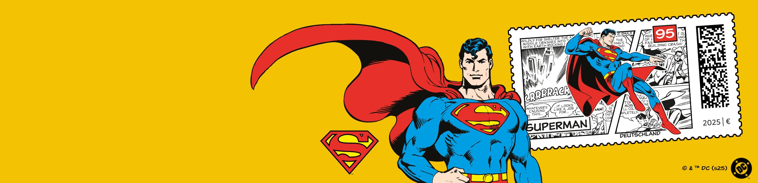 Darstellung der Superman Comicfigur mit Superman-Briefmarke im Hintergrund