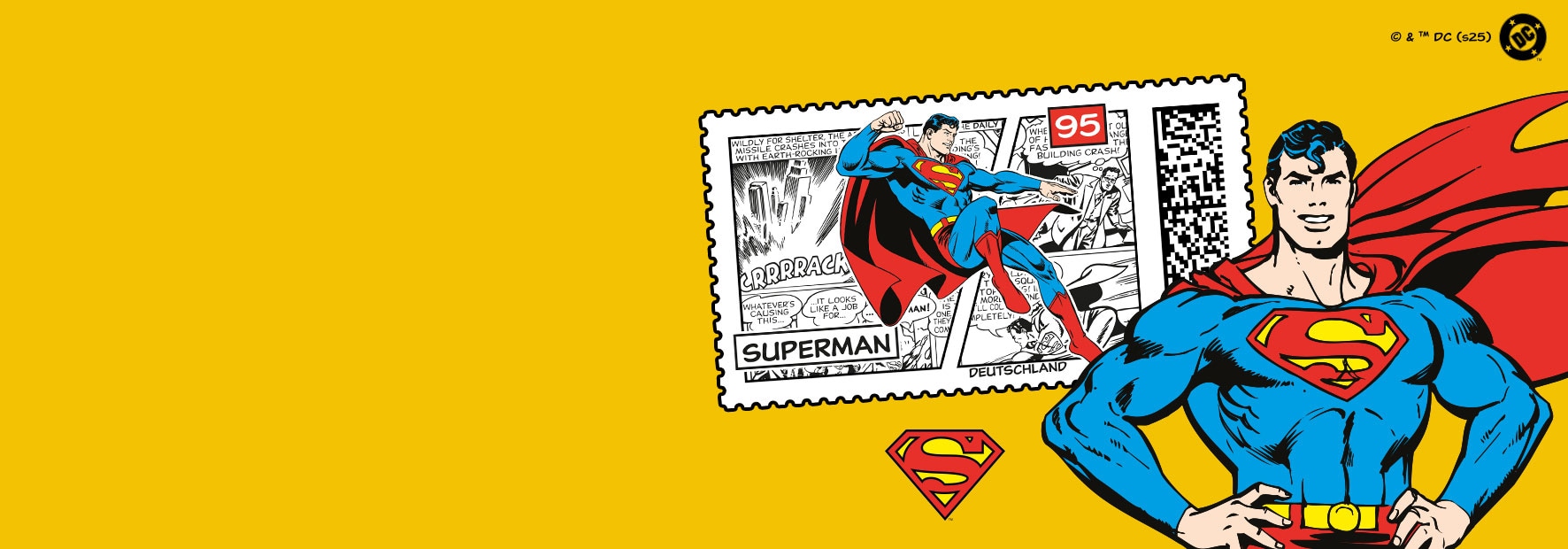 Darstellung der Superman Comicfigur mit Superman-Briefmarke im Hintergrund