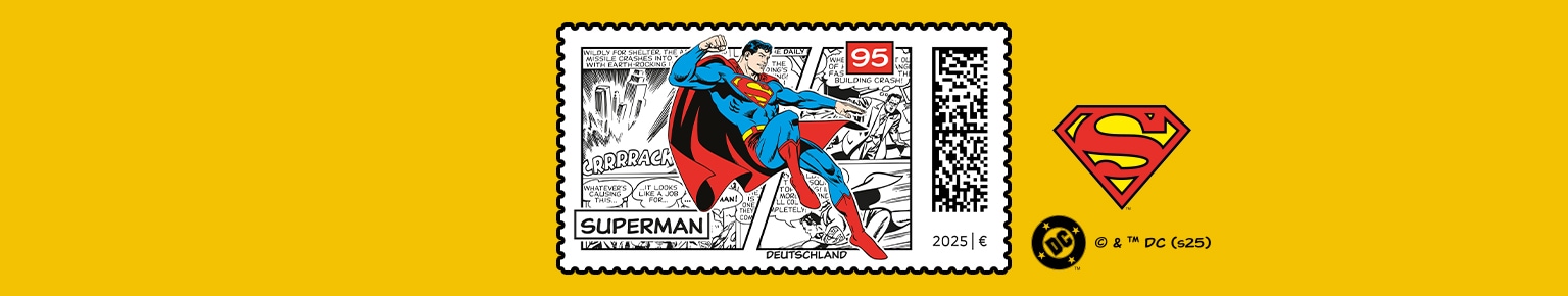 Darstellung der Superman Comicfigur mit Superman-Briefmarke im Hintergrund