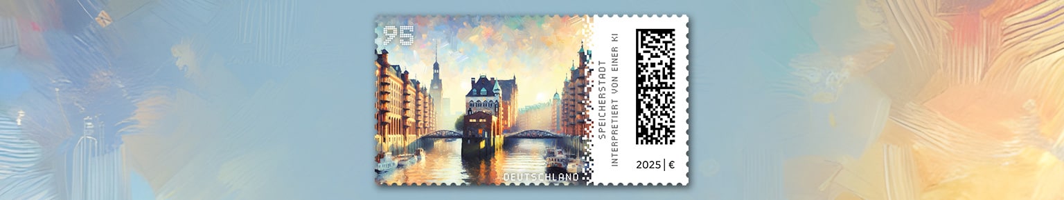 Auf einer Briefmarke sind zwei Brcken der Speicherstadt Hamburg abgebildet