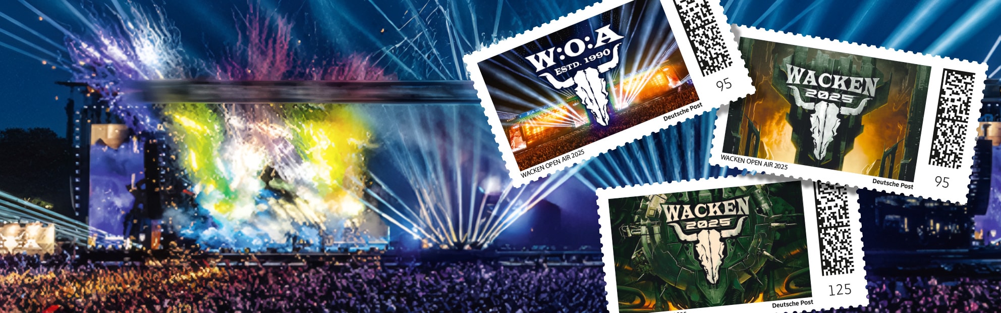 Drei Briefmarken mit Wacken Open Air 2025 Logo mit Bhne und Fans im Hintergrund