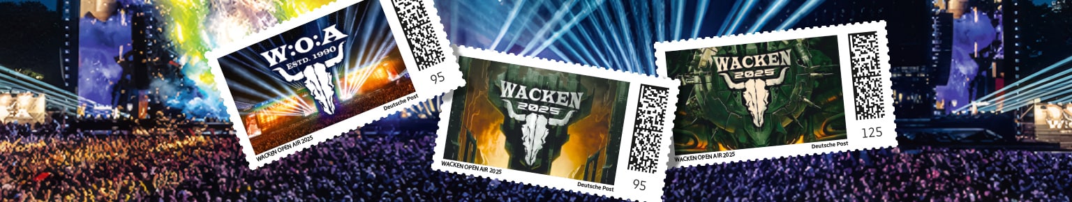 Drei Briefmarken mit Wacken Open Air 2025 Logo mit Bhne und Fans im Hintergrund