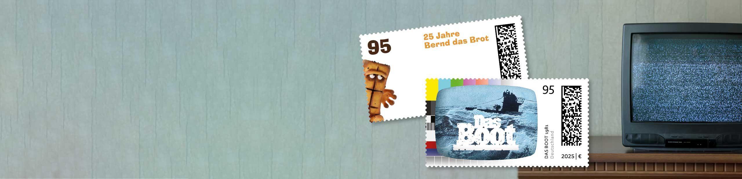 Collage aus Briefmarken mit den TV-Klassikern Bernd das Brot und das Boot