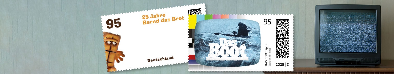 Collage aus Briefmarken mit den TV-Klassikern Bernd das Brot und das Boot