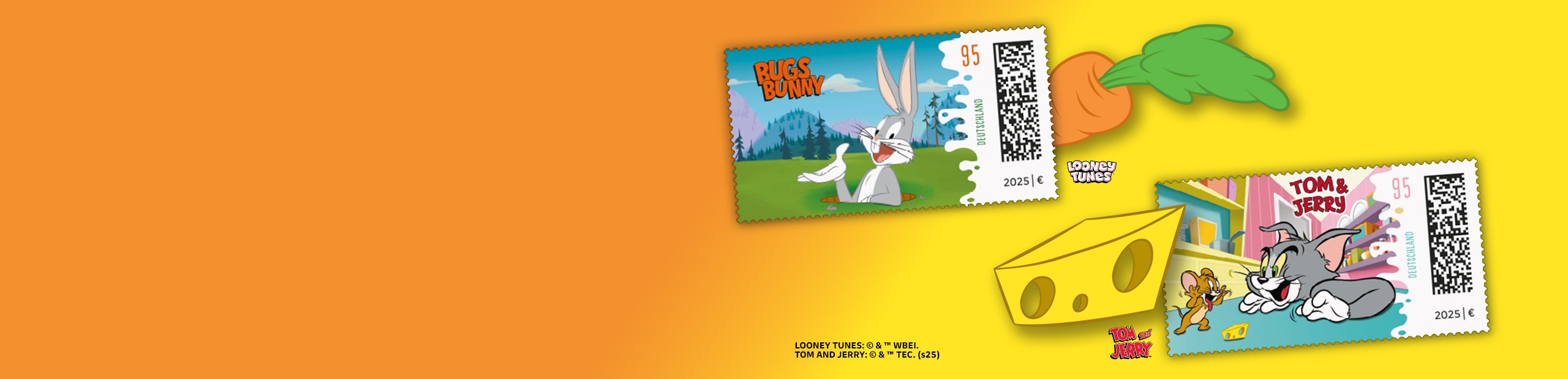 Zwei Briefmarken zeigen die Comicfiguren Bugs Bunny sowie Tom und Jerry