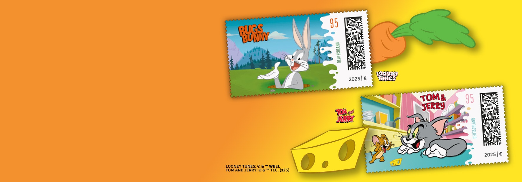 Zwei Briefmarken zeigen die Comicfiguren Bugs Bunny sowie Tom und Jerry