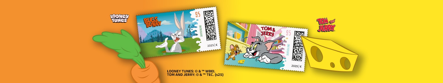 Zwei Briefmarken zeigen die Comicfiguren Bugs Bunny sowie Tom und Jerry