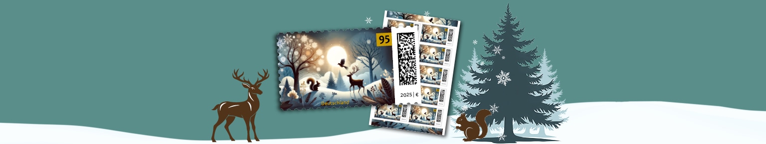 Weihnachtliche Briefmarken und Packsets mit Winterlandschaft im Hintergrund.