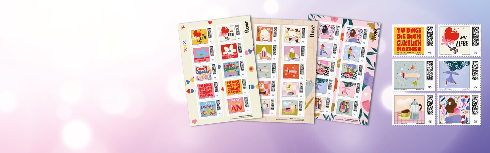 Drei bunte Briefmarkenb�gen der Sonderedition Flow auf rosa Hintergrund.