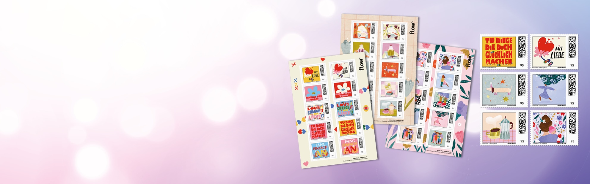 Drei bunte Briefmarkenb�gen der Sonderedition Flow auf rosa Hintergrund.