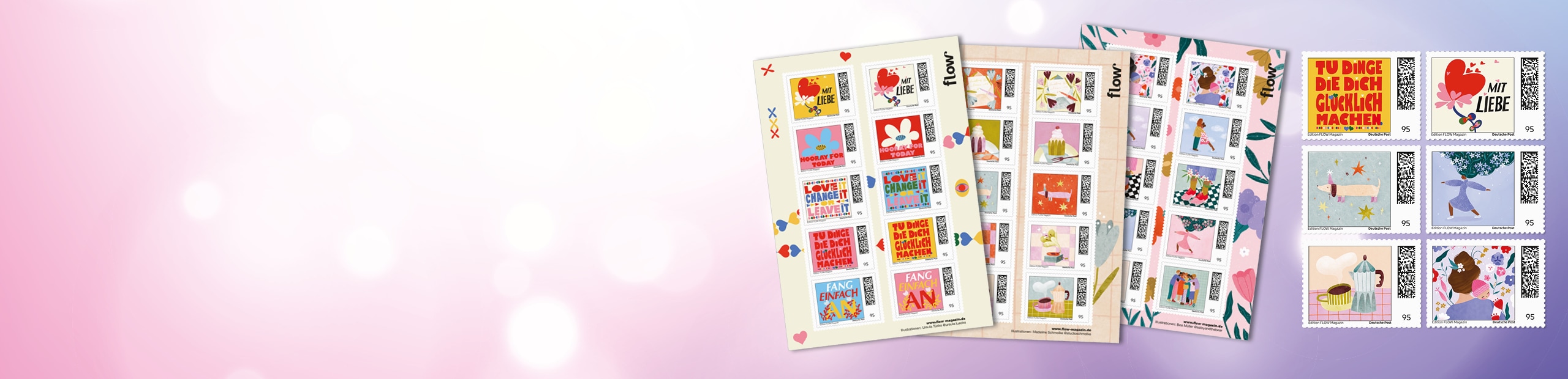 Drei bunte Briefmarkenb�gen der Sonderedition Flow auf rosa Hintergrund.