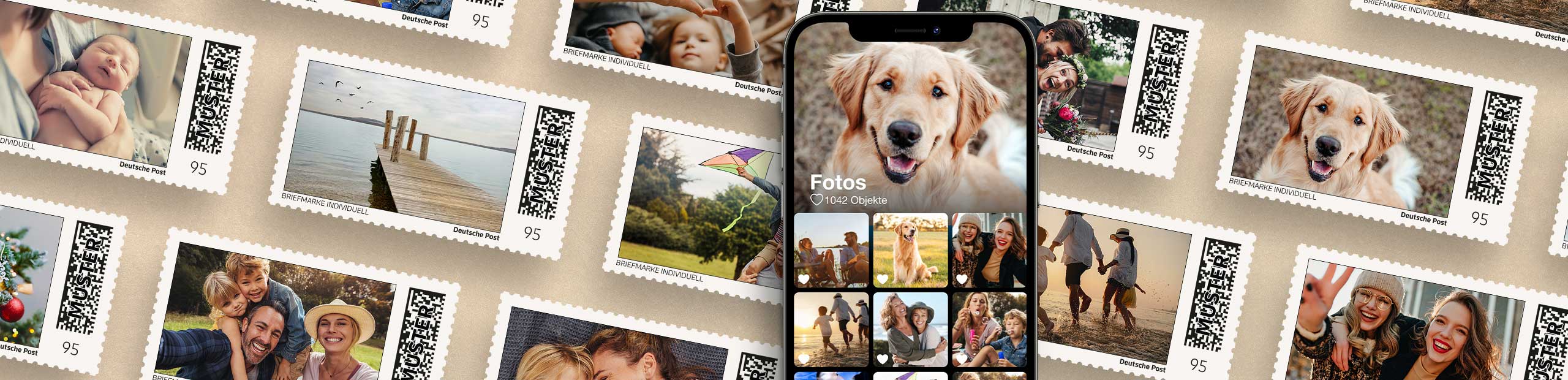 Handy mit Fotogalerie vom Vordergrund, individuelle Briefmarken im Hintergrund