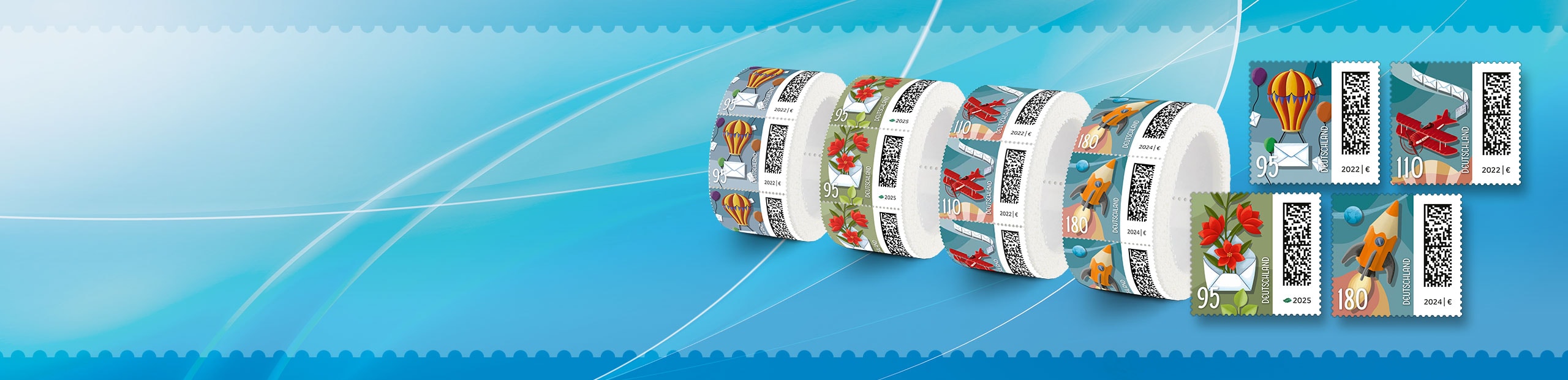 Collage aus Briefmarkenrollen und Einzelbriefmarken verschiedener Wertstufen