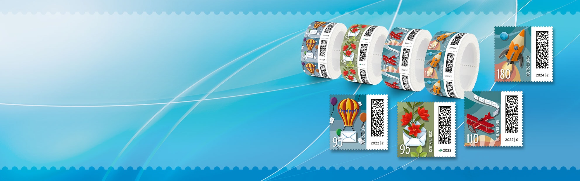 Collage aus Briefmarkenrollen und Einzelbriefmarken verschiedener Wertstufen