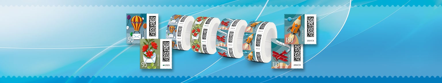 Collage aus Briefmarkenrollen und Einzelbriefmarken verschiedener Wertstufen