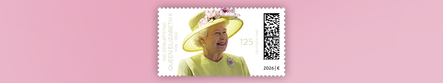Briefmarke mit Abbildung von Queen Elisabeth II auf rosa Hintergrund
