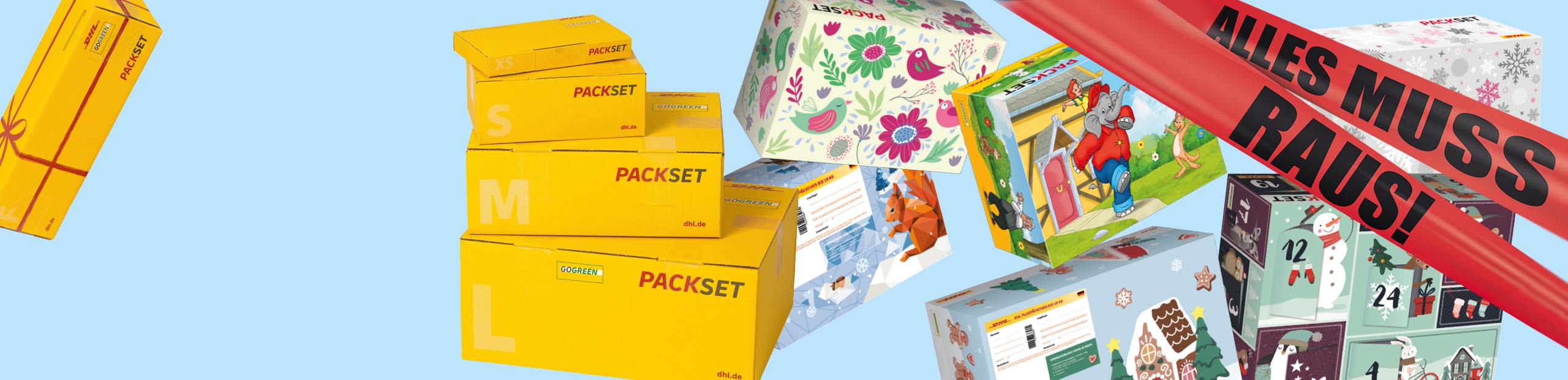 Collage aus Packsets Kartonagen mit Hinweis auf 20 % Rabatt