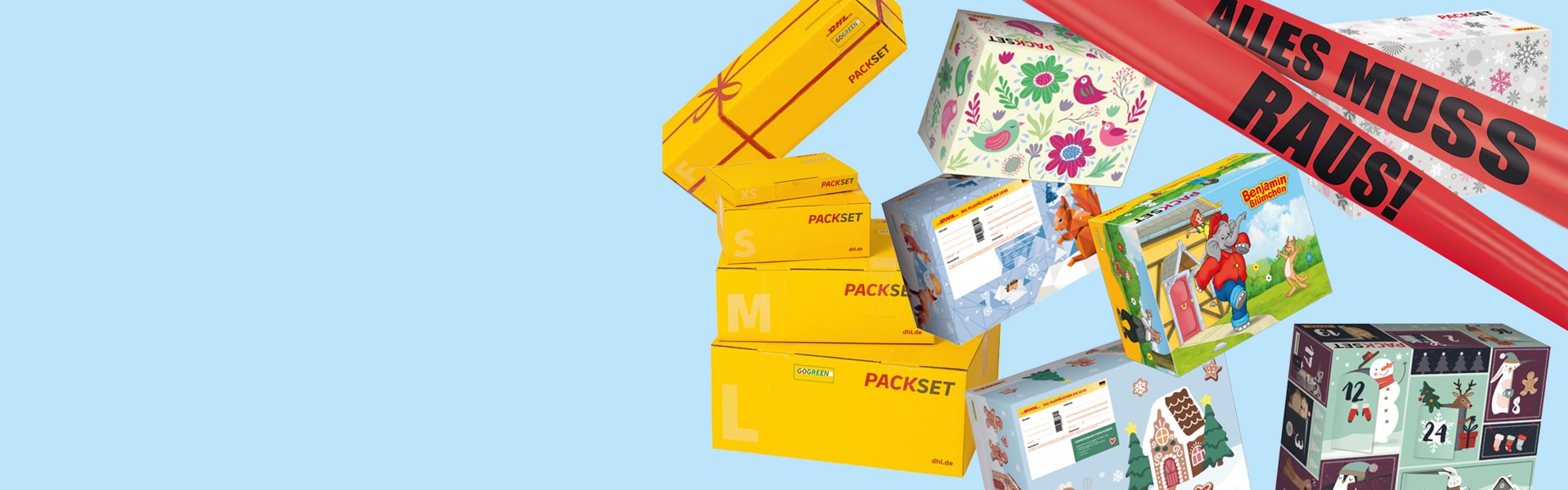 Collage aus Packsets Kartonagen mit Hinweis auf 20 % Rabatt