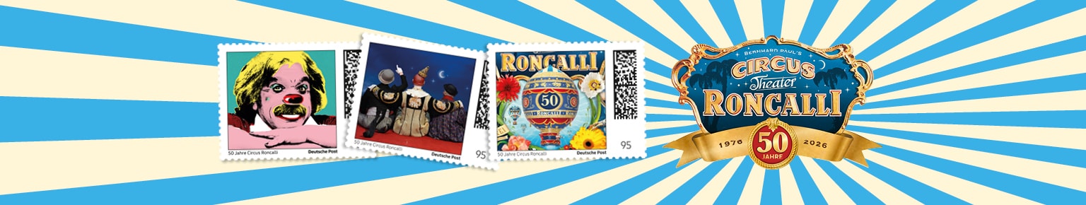 Logo 50 Jahre Roncalli mit drei Briefmarken mit Motiven mit Roncalli Motiven