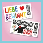 Kleines Kampagnen-Banner #LIEBE GEWINNT mit farbenfrohem Design und dem Logo der Deutschen Post