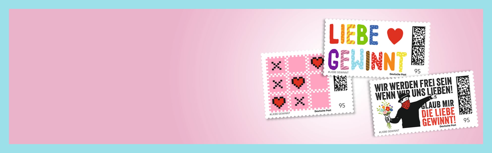 Drei bunte Briefmarken zum Thema Liebe auf rosa Hintergrund