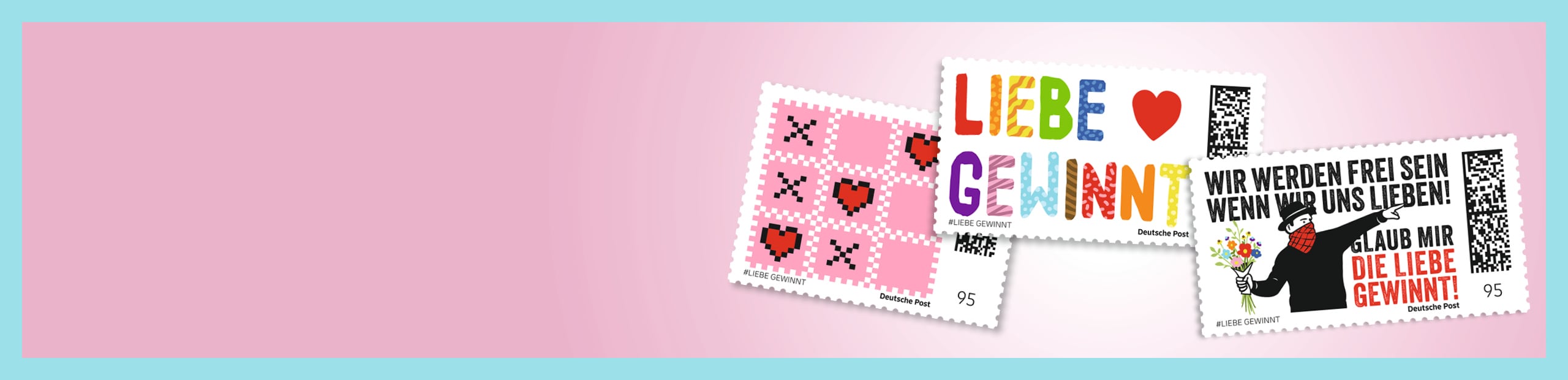 Drei bunte Briefmarken zum Thema Liebe auf rosa Hintergrund