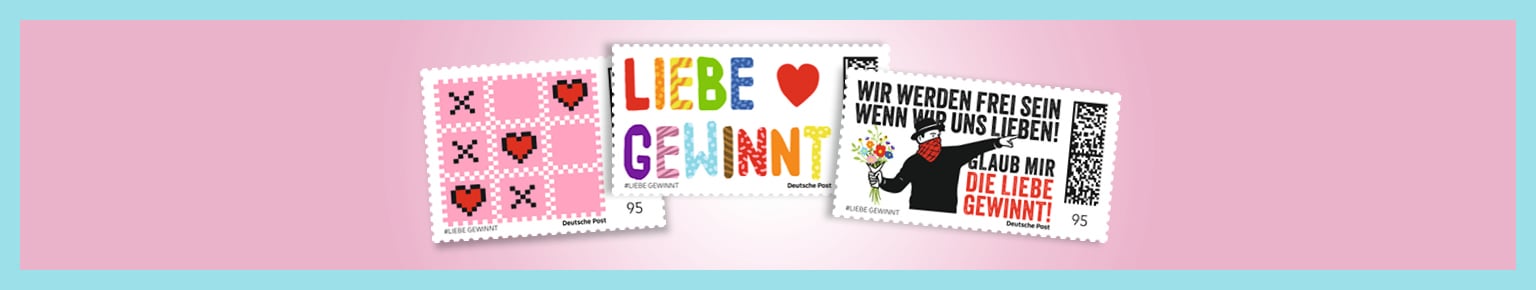 Drei bunte Briefmarken zum Thema Liebe auf rosa Hintergrund