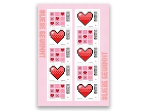 Interaktives Briefmarken-Set im Tic-Tac-Toe-Design mit verspielten Elementen in Rot