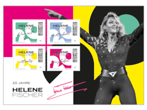 Vier bunte Briefmarken Helene Fischer, daneben B�hnenfoto, Text: 20 Jahre