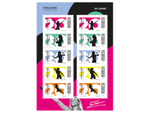 Zehn Briefmarken mit Silhouetten, 20 Jahre, bunte Grafik, unten Signatur