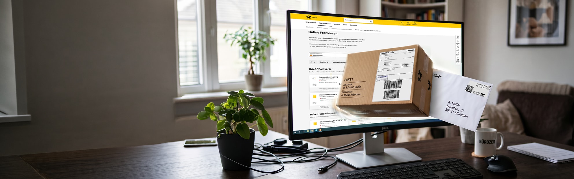 Darstellung Computer Bildschirm mit Paket und Brief