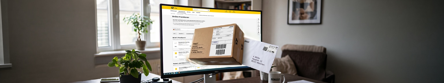 Darstellung Computer Bildschirm mit Paket und Brief
