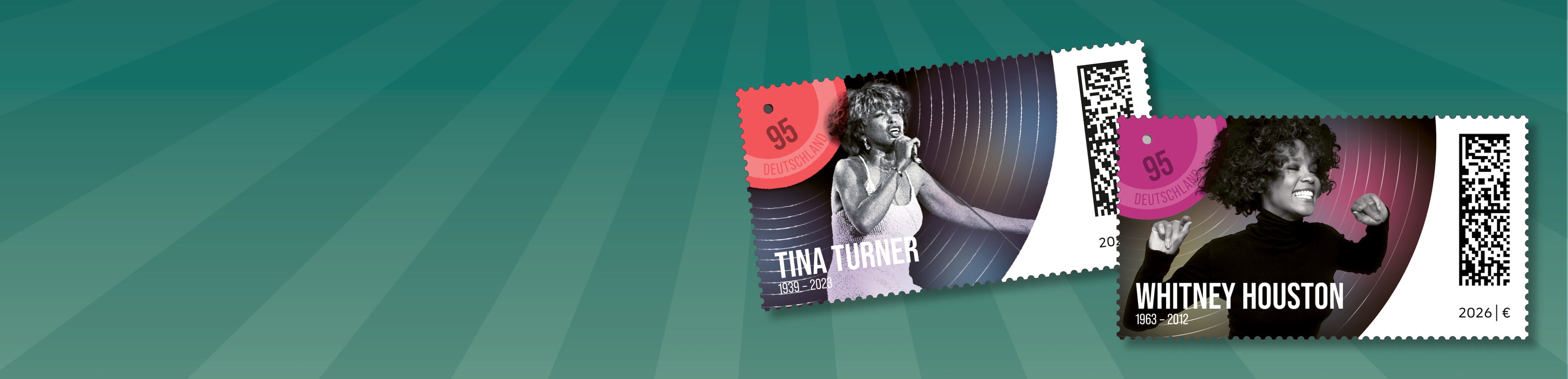 Zwei Briefmarken mit Bildern von Whitney Houston und Tina Turner