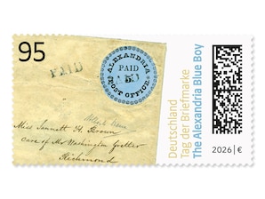Ausschnitt eines Briefumschlags mit dem Postwertzeichen Alexandria Blue Boy