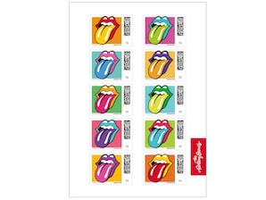 Ikonisches Zungenmotiv im Pop-Art-Stil, bunter, gepixelter Hintergrund