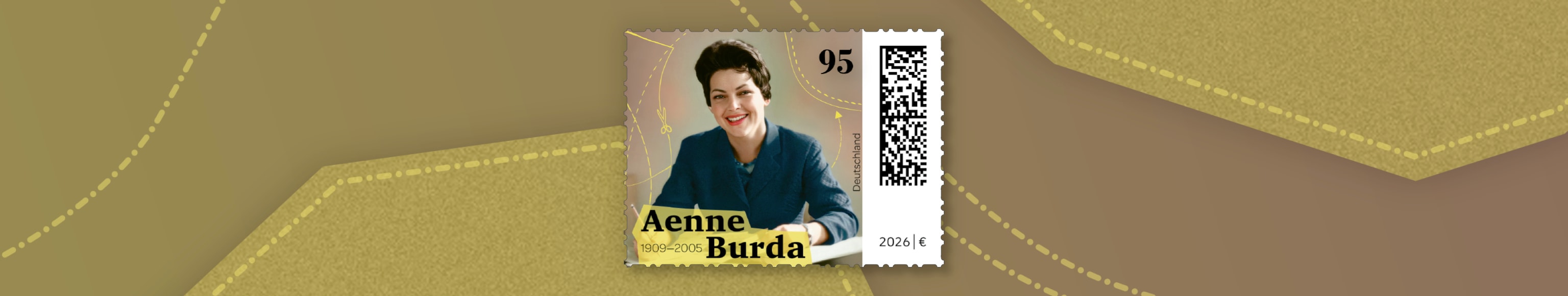 Briefmarke mit dem Gesicht von Aenne Burda und einem Schnittmuster