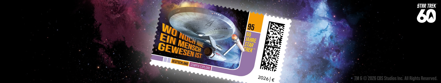 Briefmarke mit der Abbildung der Raumschiff Enterprise aus der Serie Startrek