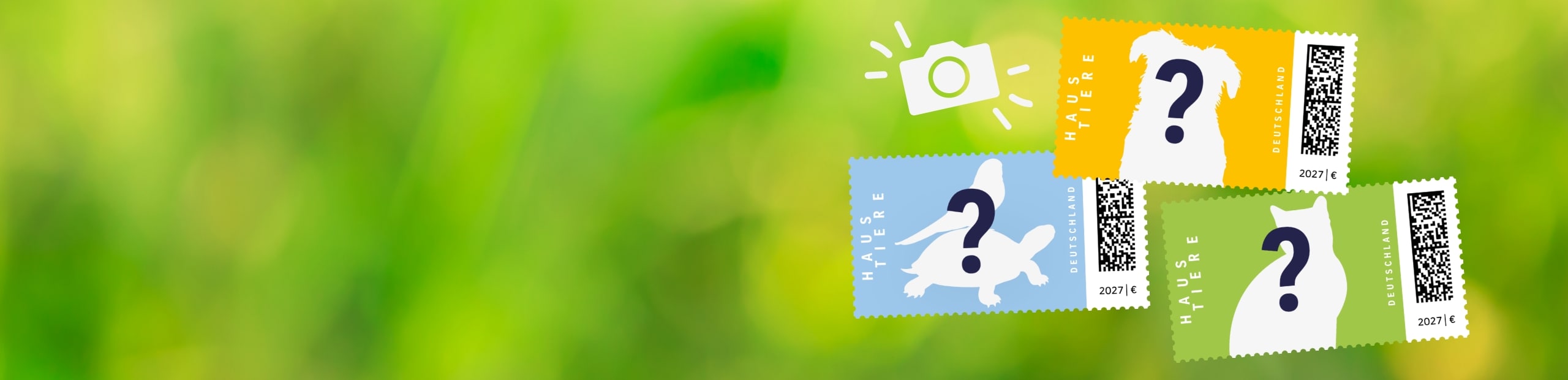 Grafik mit Tieren und Fragezeichen mit Hinweis auf Fotowettbewerb f�r Haustiere auf Briefmarke