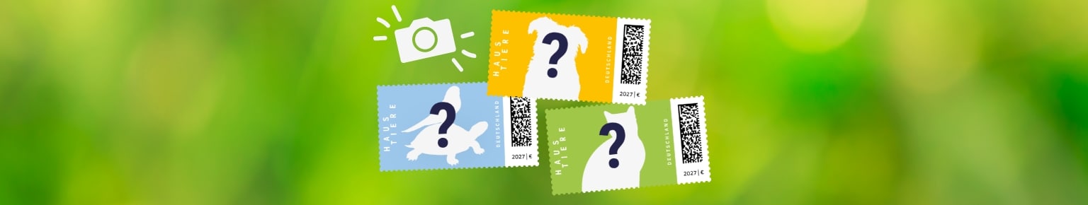 Grafik mit Tieren und Fragezeichen mit Hinweis auf Fotowettbewerb f�r Haustiere auf Briefmarke